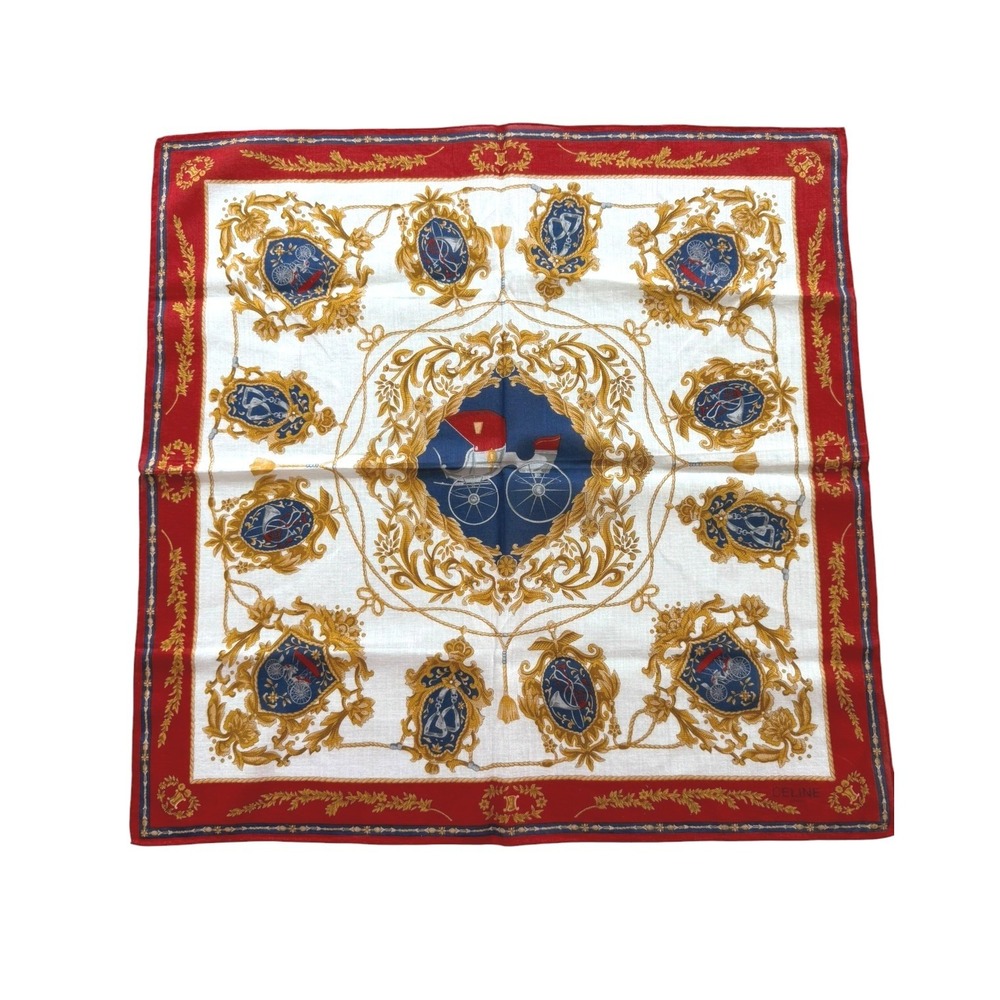 CELINE Paris Vintage Equestrian Carriage Print Scarf 18" Red Blue Gold